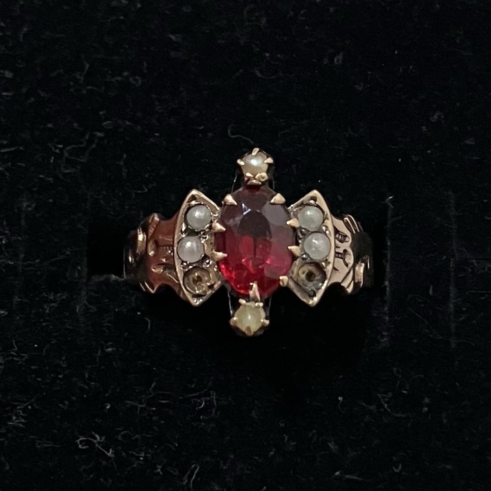 Antique 10K Gold Red Stone Pearl Ring 5